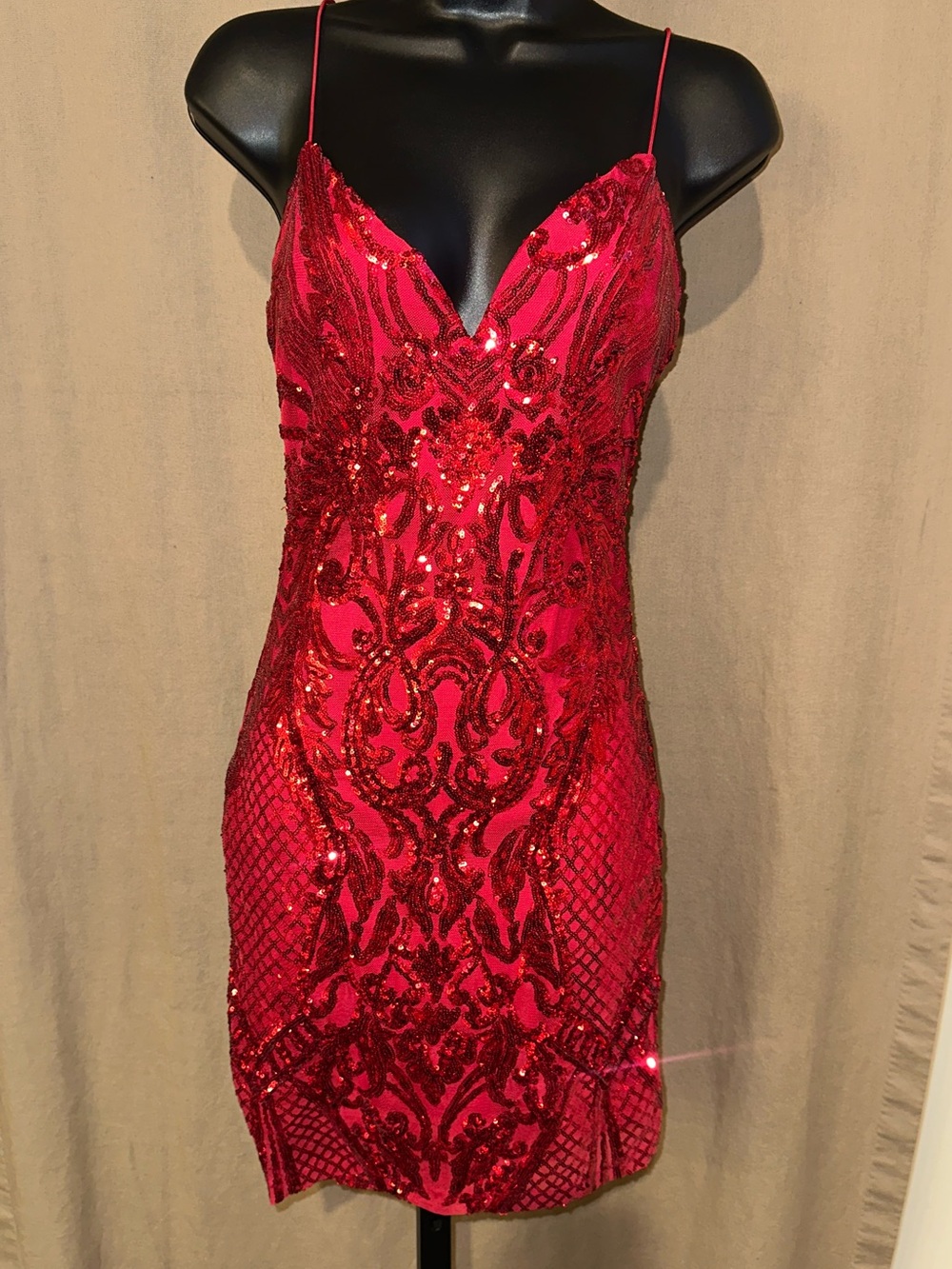 B Darlin Red Sequin V-Neck Spaghetti-Strap Mini Dress